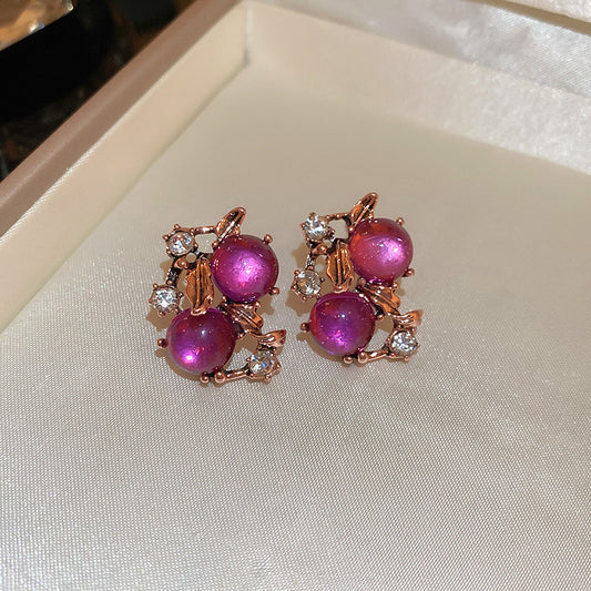 Elegant Rose Gold Purple Berry Stud Earrings with Crystals