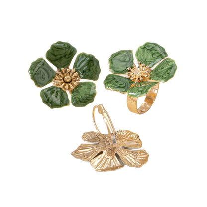 Elegant Green Floral Jewelry Set - Statement Earrings and Ring
