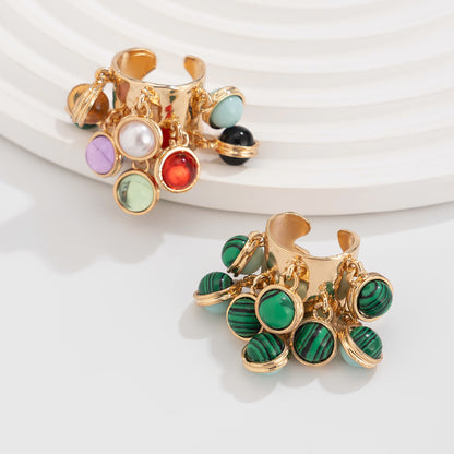 Statement Cluster Ring with Dangling Stone Beads | Wide Hammered Gold Band