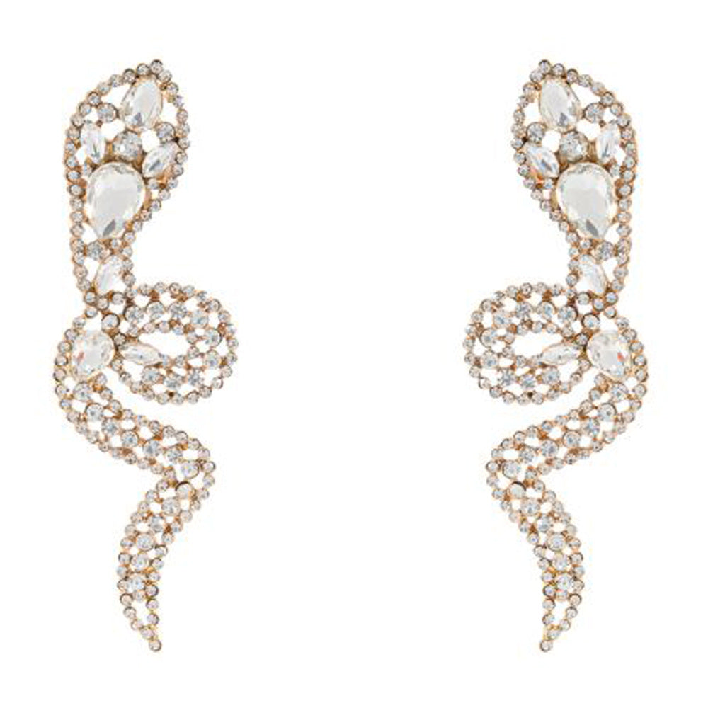 Gold Tone Crystal Pave Snake Dangle Earrings – Rhinestone Serpent Statement Jewelry for Party & Club
