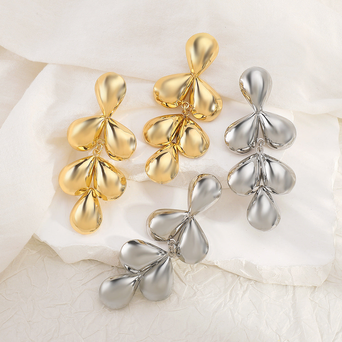 Tiered Gold Petal Dangle Earrings | Sculptural Statement Jewelry