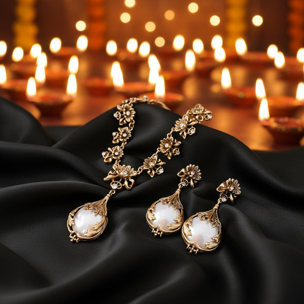 Vintage Floral Pearl & Rhinestone Jewelry Set for Women