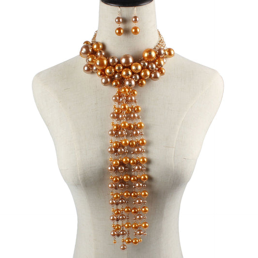 Elegant Multi-Strand Pearl Necklace Set - Black, Golden & White Pearls