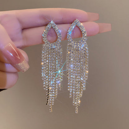 Elegant Crystal Teardrop Fringe Earrings | Rhinestone Tassel Statement Earrings