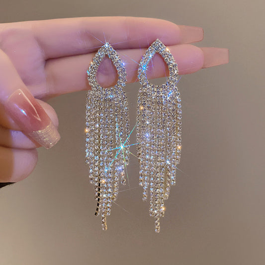 Elegant Crystal Teardrop Fringe Earrings | Rhinestone Tassel Statement Earrings