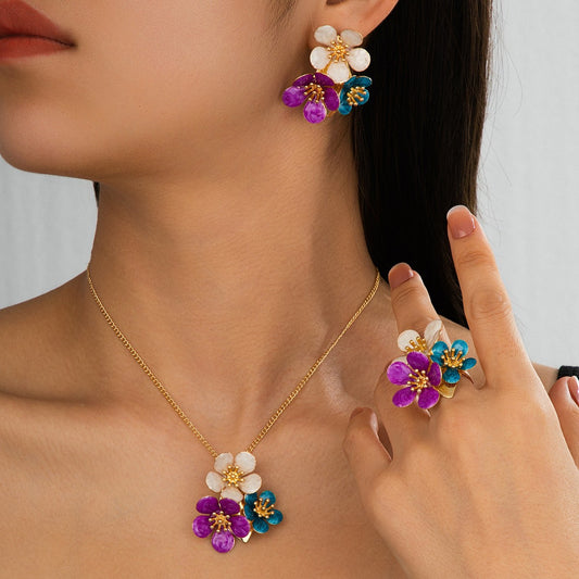 Vibrant Enamel Floral Cluster Jewelry Set - Necklace, Earrings, Ring