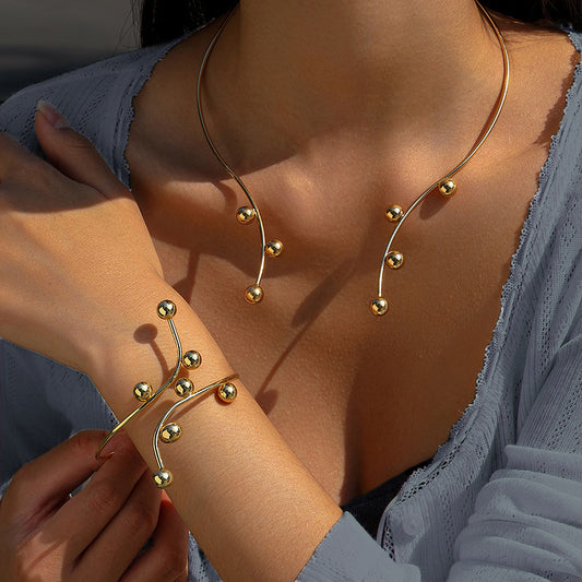 Modern Gold Bead Open Choker and Matching Cuff Bracelet Set