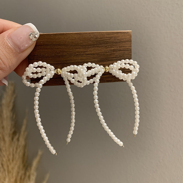Pearl Bow Tassel Earrings | Dainty Woven Pearl Dangle Jewelry