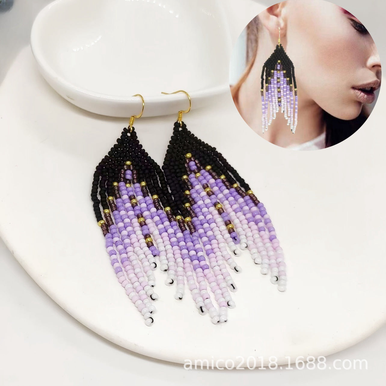 Boho Ombre Purple & Black Seed Bead Fringe Dangle Earrings