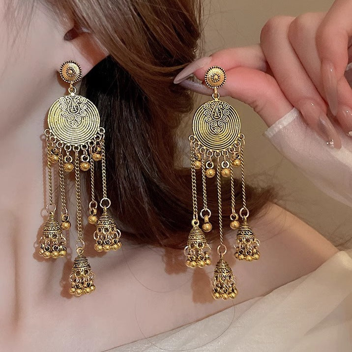 Bohemian Gold Chandelier Earrings with Bell Charms & Tassels