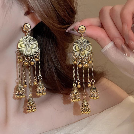 Bohemian Gold Chandelier Earrings with Bell Charms & Tassels