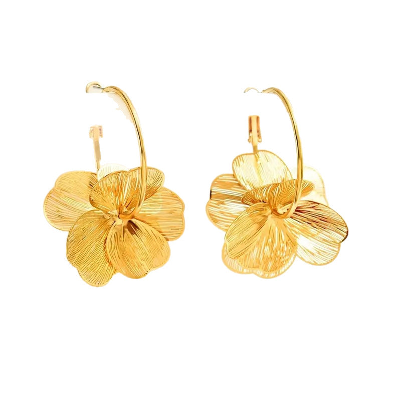 Textured Gold Floral Hoop Earrings | Statement Dangle Jewelry