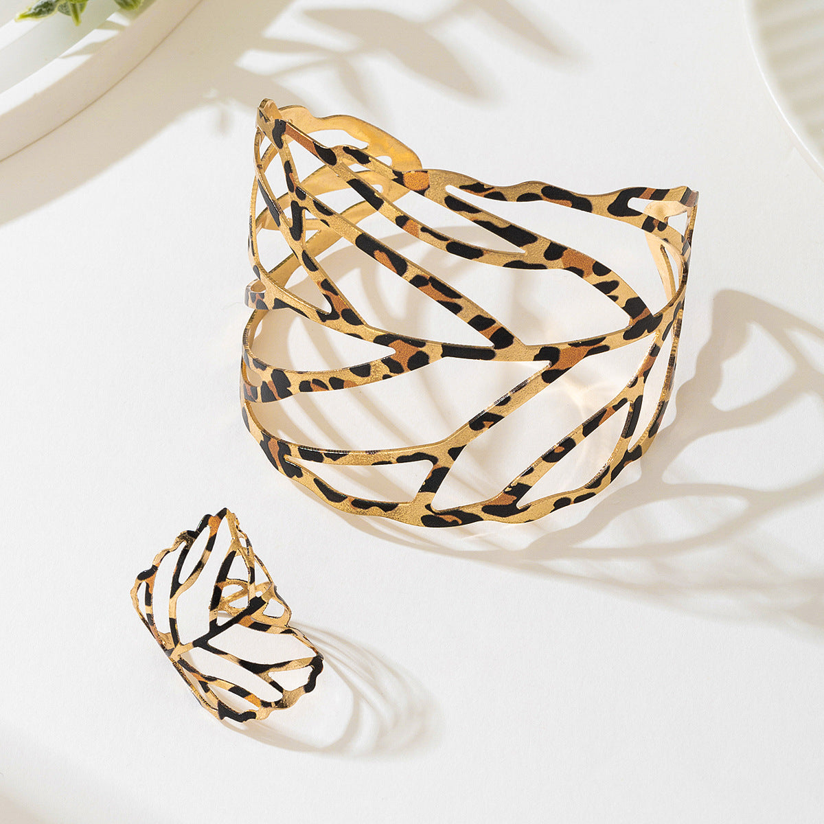 Leopard Print Leaf Cutout Cuff Bracelet and Ring Set
