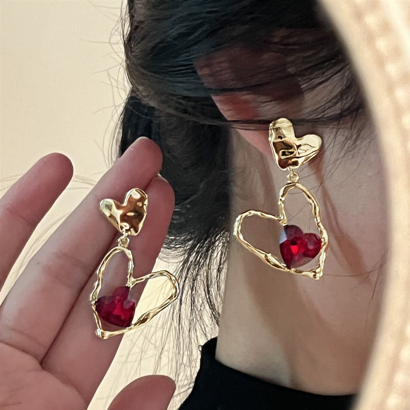 Molten Gold Double Heart Statement Earrings with Red Crystal
