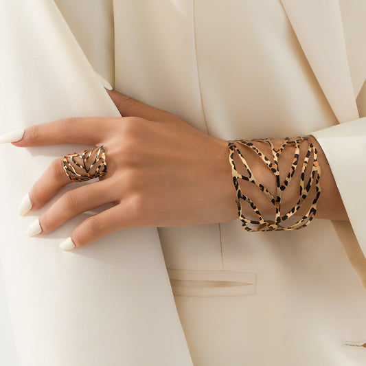 Leopard Print Leaf Cutout Cuff Bracelet and Ring Set