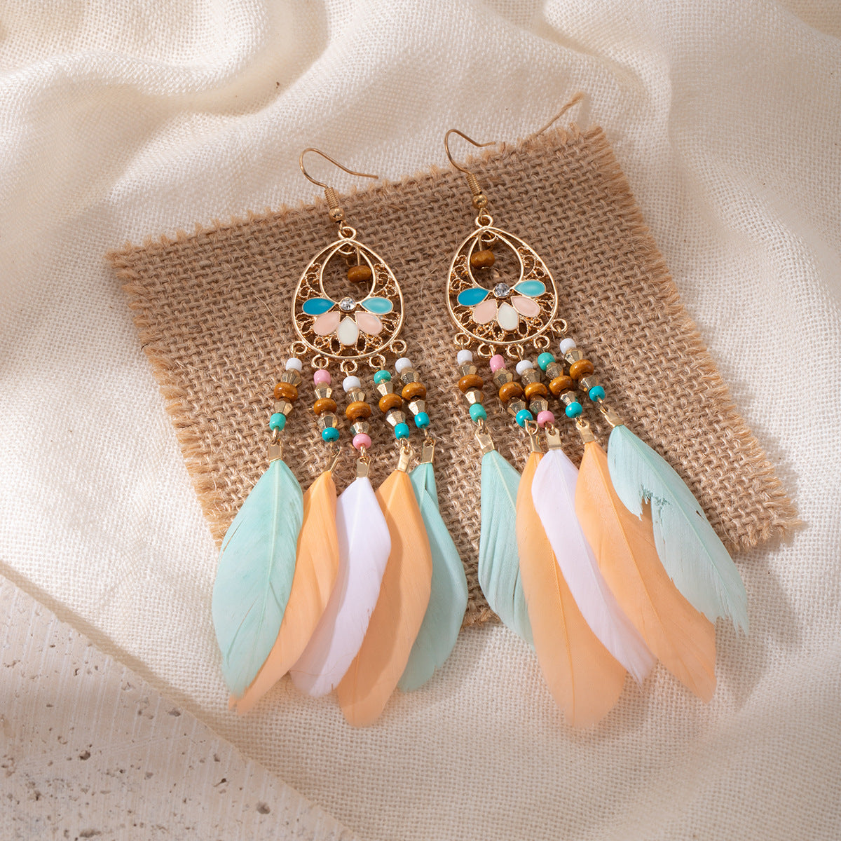 Boho Chic Feather Dangle Earrings with Beaded Detail