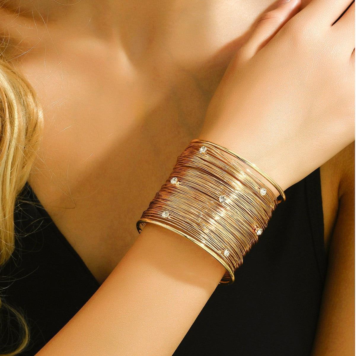 Gold Wire-Wrapped Crystal Cuff | Wide Statement Bracelet