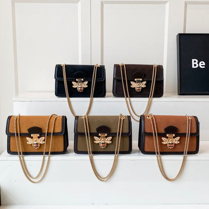Chic Brown Bee Clasp Crossbody Bag with Gold Chain