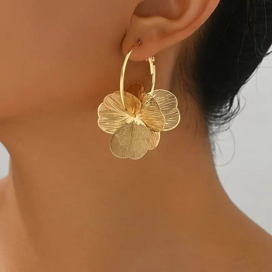 Textured Gold Floral Hoop Earrings | Statement Dangle Jewelry