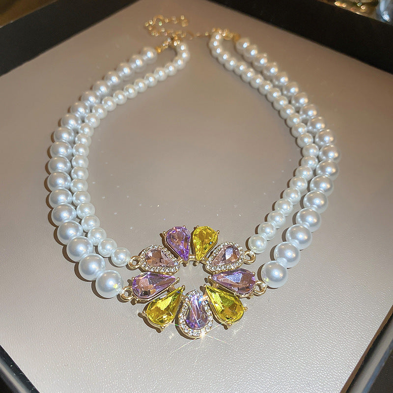 Double Strand Pearl Necklace with Colorful Crystal Pendant