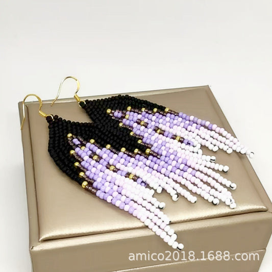 Boho Ombre Purple & Black Seed Bead Fringe Dangle Earrings