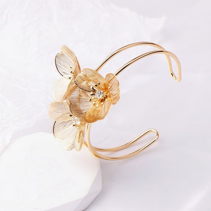 Textured Gold Floral Cuff | Statement Crystal Bracelet