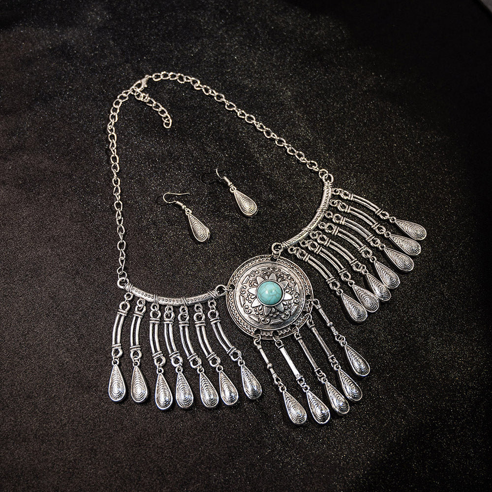 Boho Ethnic Statement Necklace & Dangle Earrings Set - Antique Gold