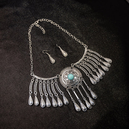 Boho Ethnic Statement Necklace & Dangle Earrings Set - Antique Gold