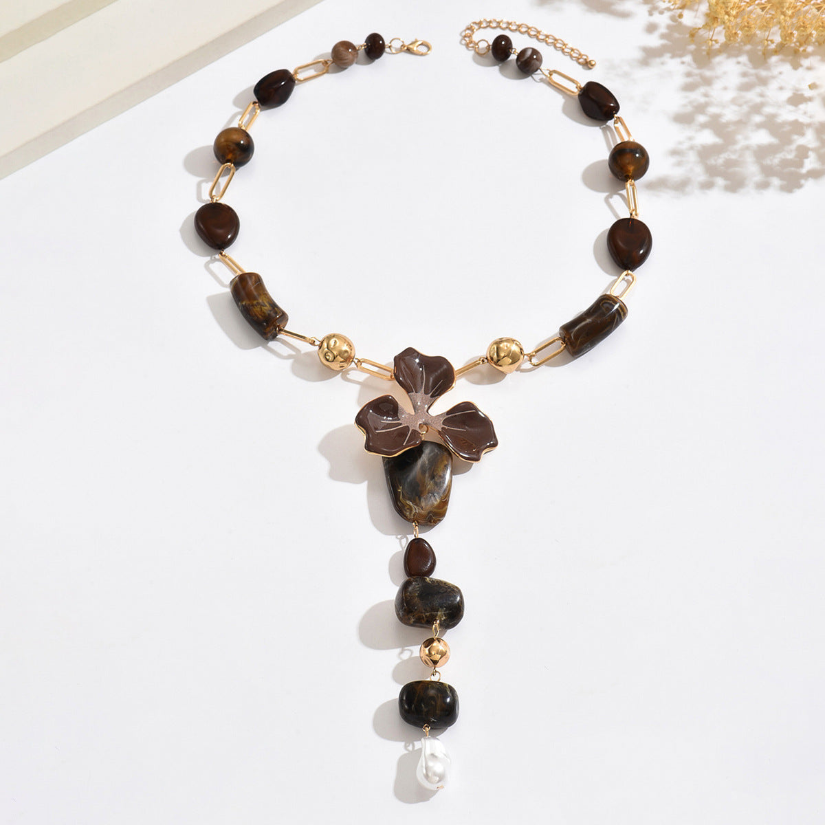 Elegant Red Bead Floral Statement Necklace with Pearl Drop