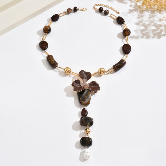 Elegant Red Bead Floral Statement Necklace with Pearl Drop