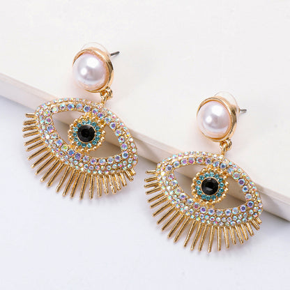 Gold Tone Evil Eye Drop Earrings with Pearl Stud – Crystal Pave Statement Jewelry for Protection & Luck