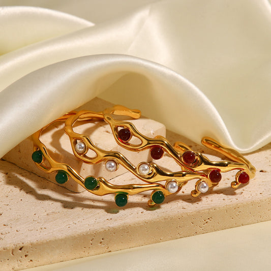 Nature-Inspired Twig Cuff Bangle with Color Bead Accents