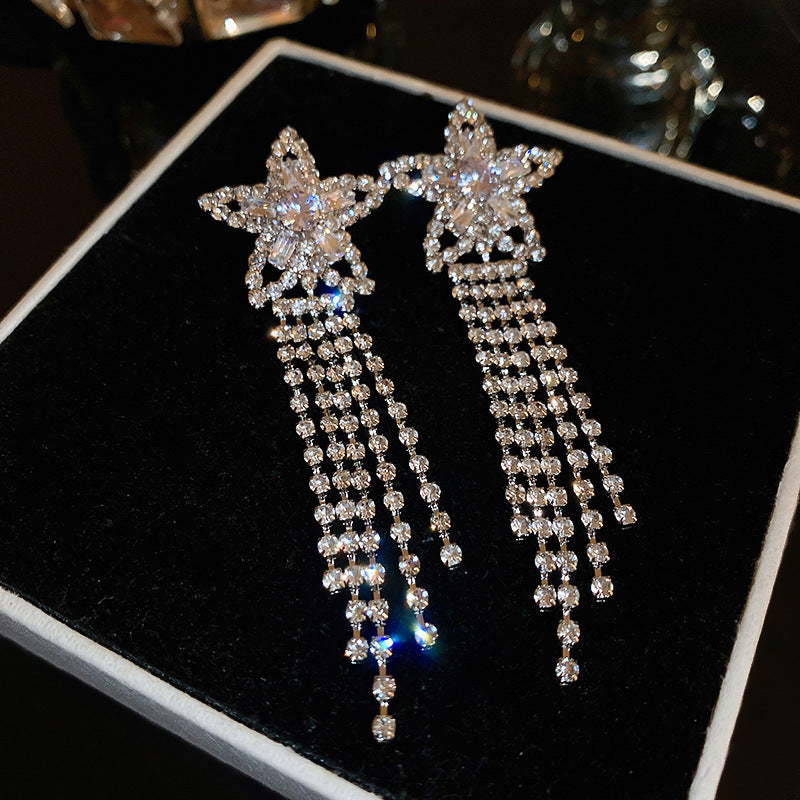 Celestial Crystal Star Tassel Earrings | Rhinestone Starburst Dangle Earrings