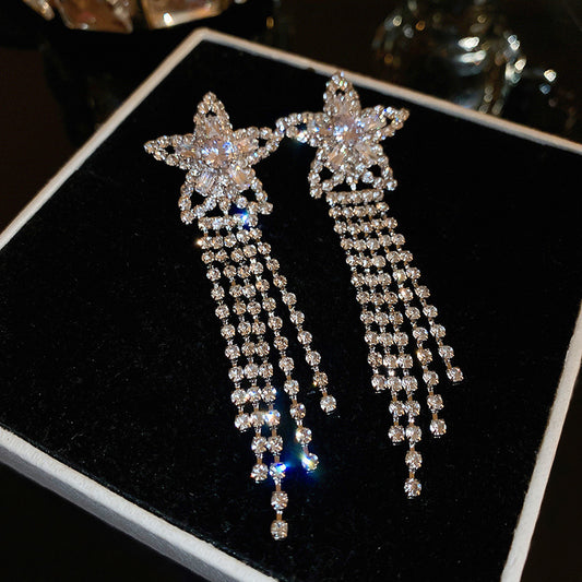 Celestial Crystal Star Tassel Earrings | Rhinestone Starburst Dangle Earrings