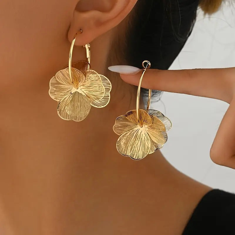 Textured Gold Floral Hoop Earrings | Statement Dangle Jewelry