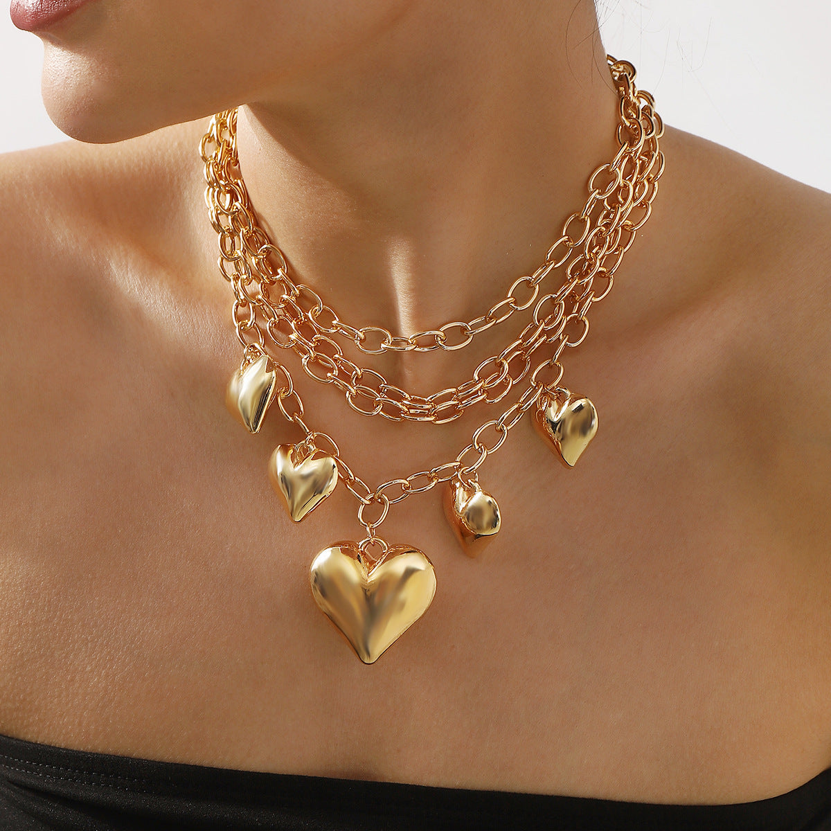 Layered Gold Heart Charm Necklace | Chunky Multi-Strand Statement Jewelry