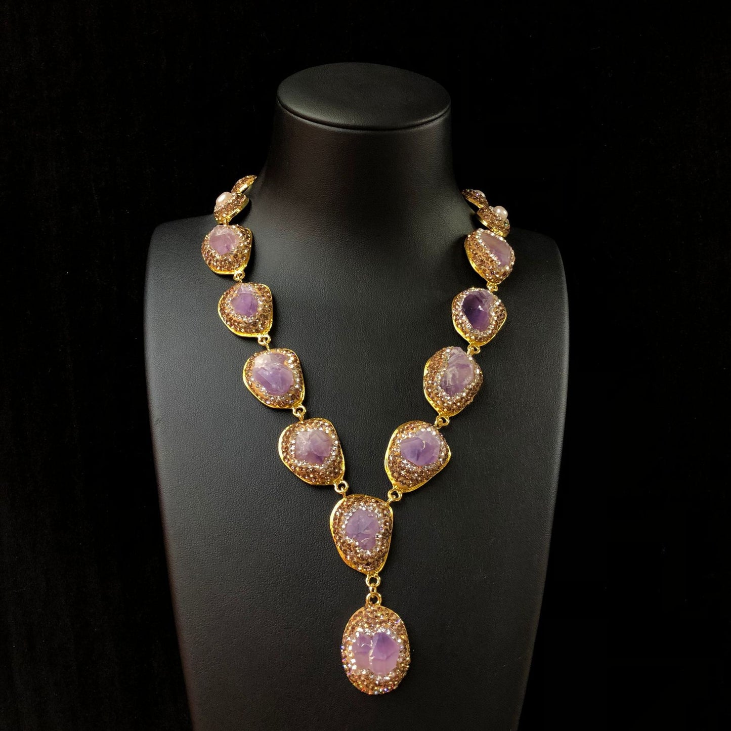 Raw Amethyst & Crystal Halo Statement Necklace | Lariat Style