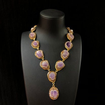 Raw Amethyst & Crystal Halo Statement Necklace | Lariat Style