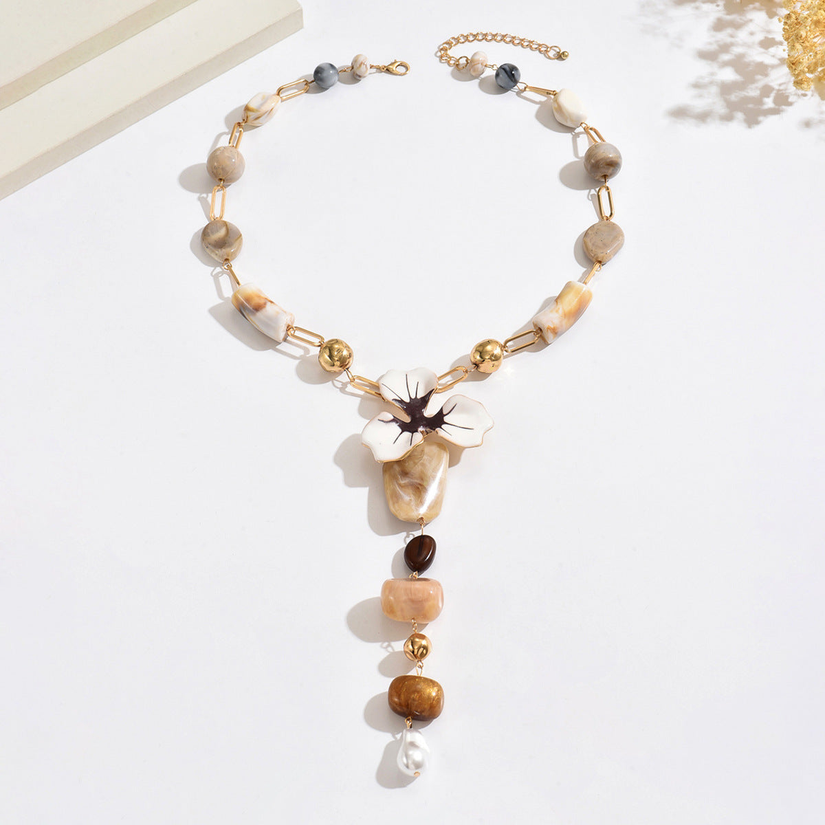 Elegant Red Bead Floral Statement Necklace with Pearl Drop