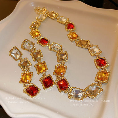 Multi-Color Crystal Statement Jewelry Set | Vintage Gold Necklace & Earrings