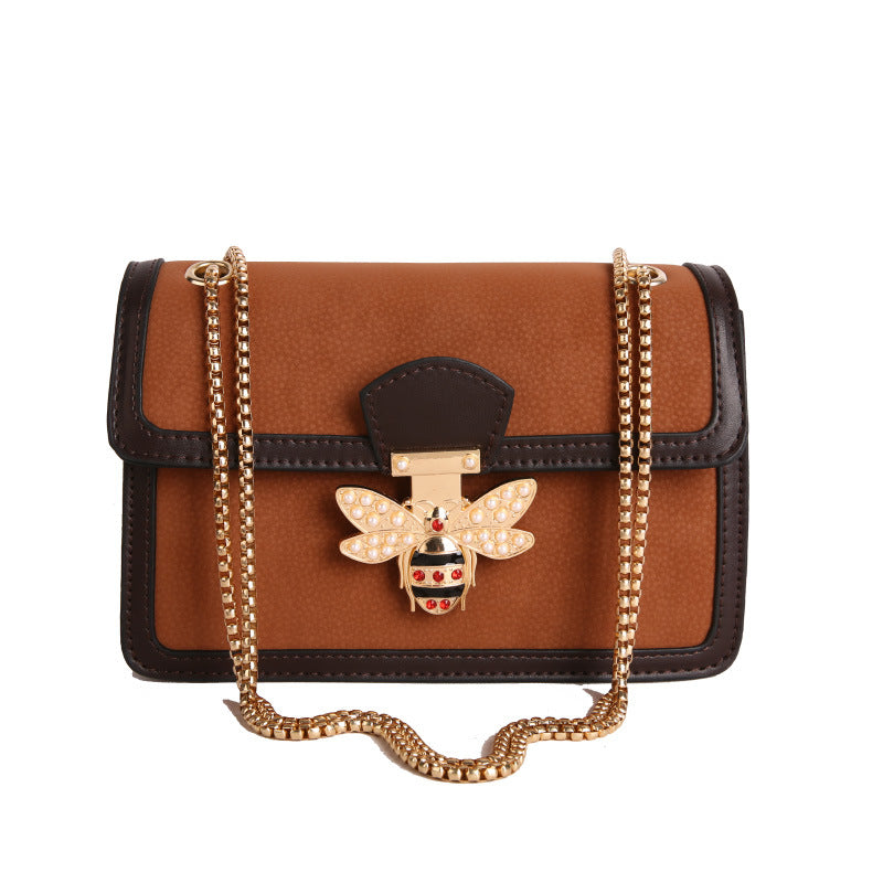 Chic Brown Bee Clasp Crossbody Bag with Gold Chain