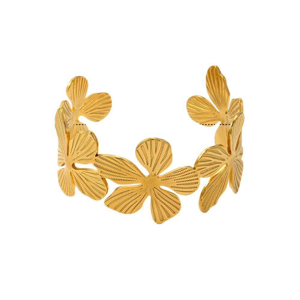 Stainless Steel Floral Cuff | Anti-Tarnish Gold Flower Bracelet