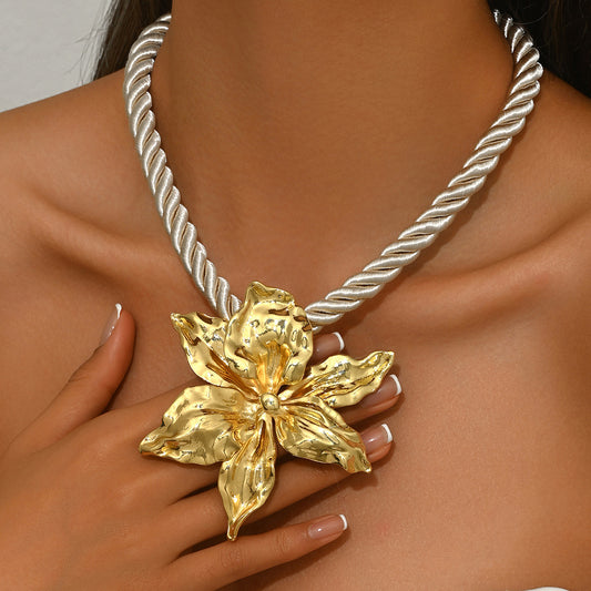 Gold Orchid Statement Necklace - Bold Floral Jewelry