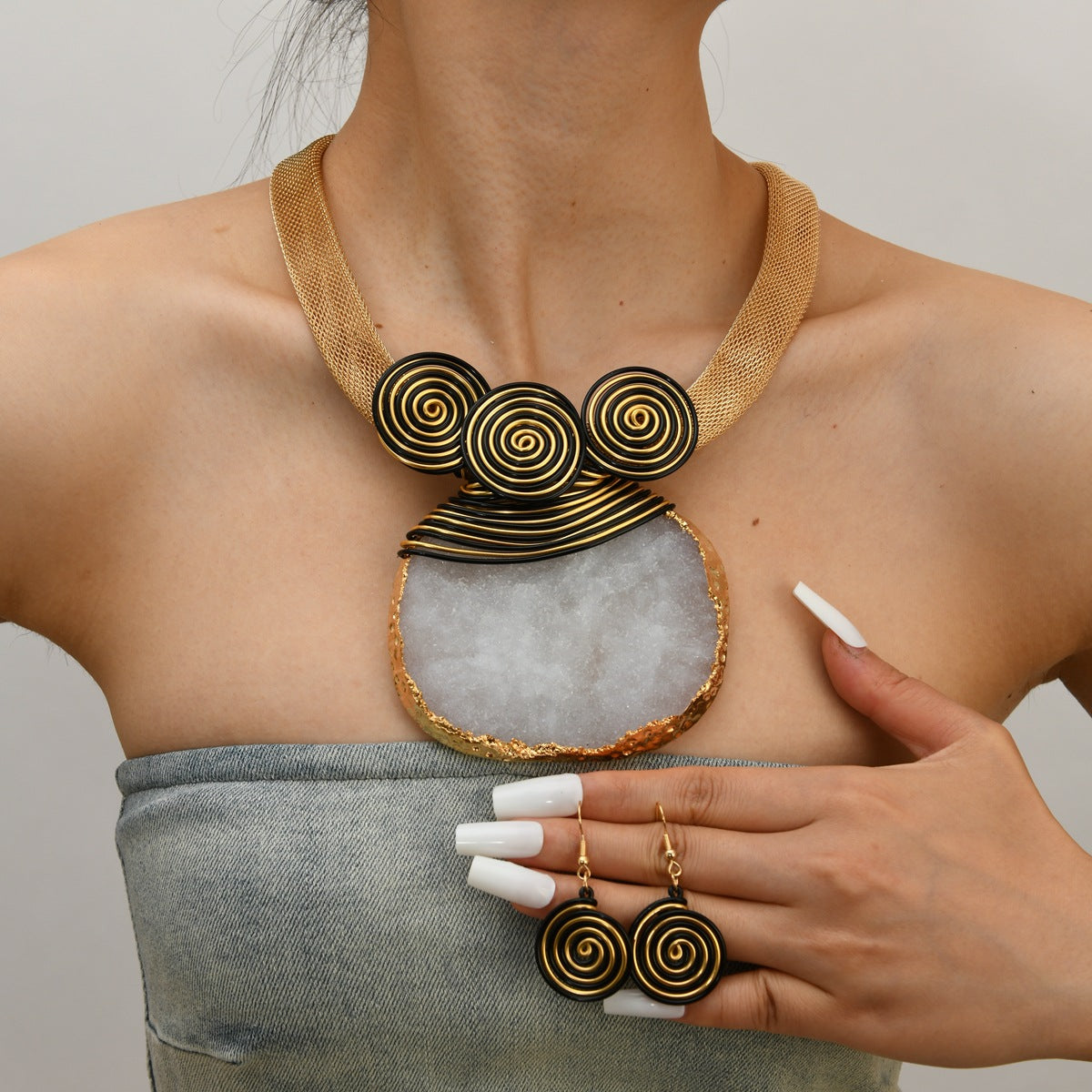 Tribal Geode Spiral Necklace Set | Bold Statement Jewelry in Black or White