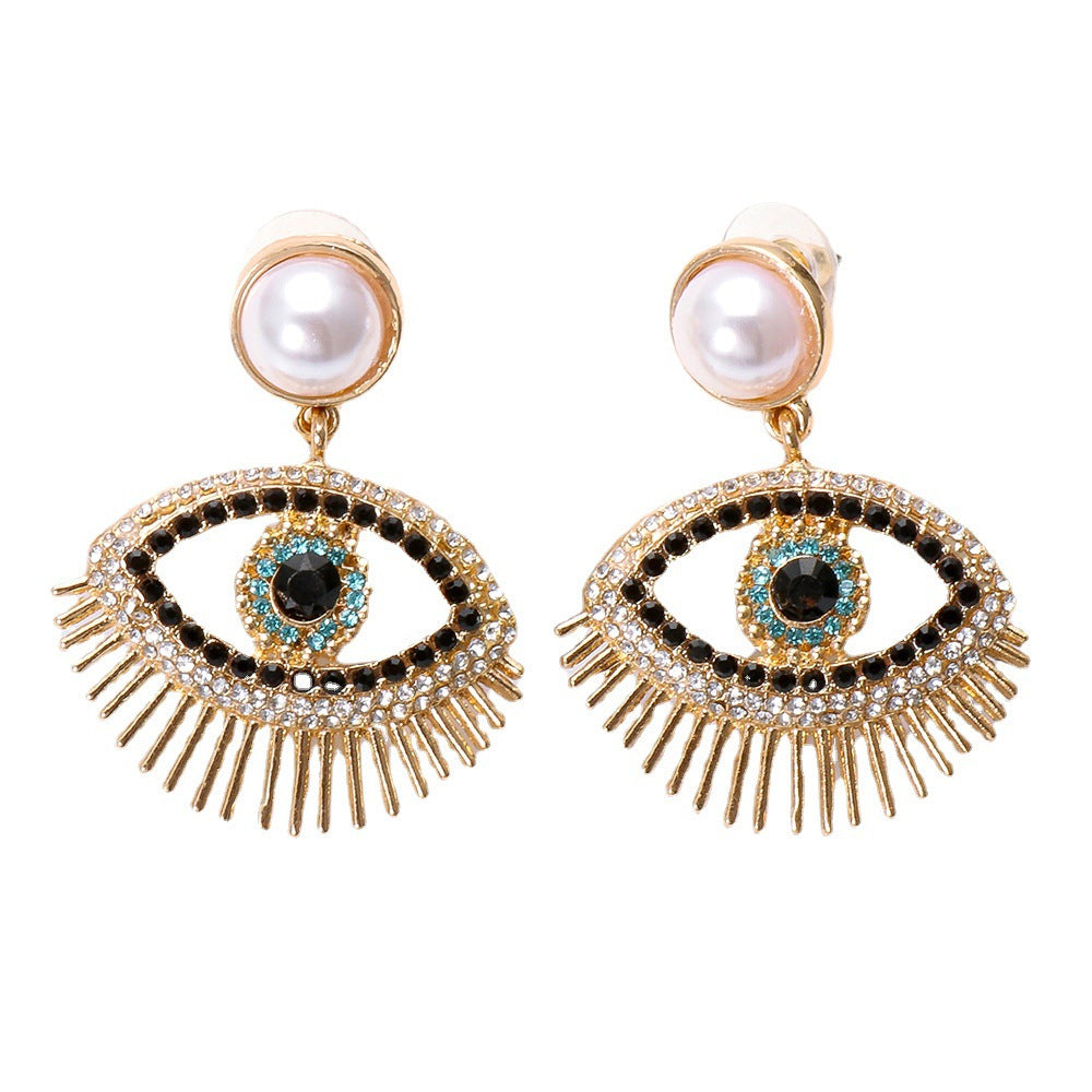 Gold Tone Evil Eye Drop Earrings with Pearl Stud – Crystal Pave Statement Jewelry for Protection & Luck