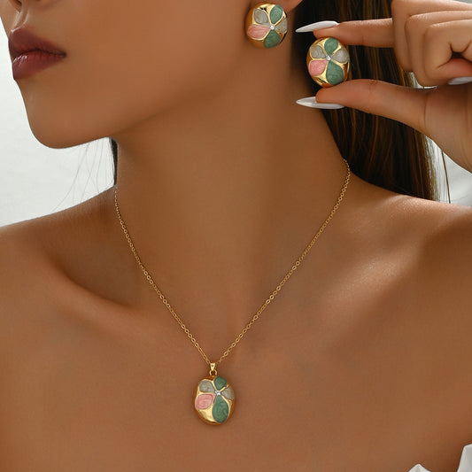 Pastel Enamel Floral Gold Tone Necklace & Earring Set