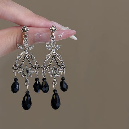 Art Deco Noir Crystal Dangle Earrings | Silver & Black Statement Jewelry