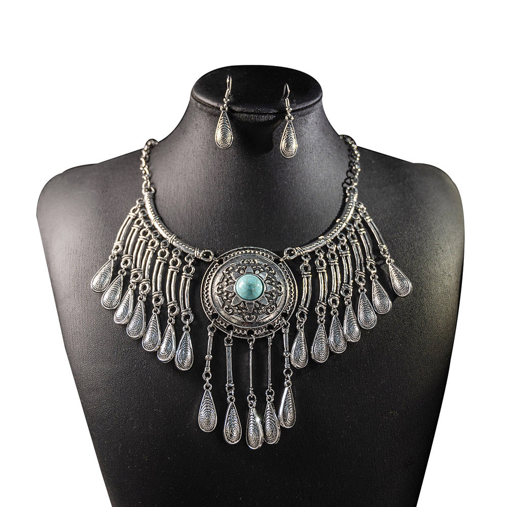 Boho Ethnic Statement Necklace & Dangle Earrings Set - Antique Gold