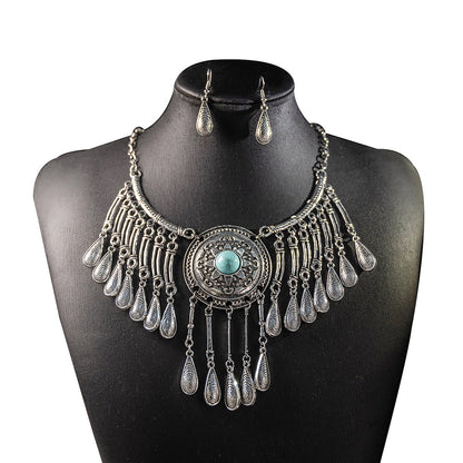 Boho Ethnic Statement Necklace & Dangle Earrings Set - Antique Gold