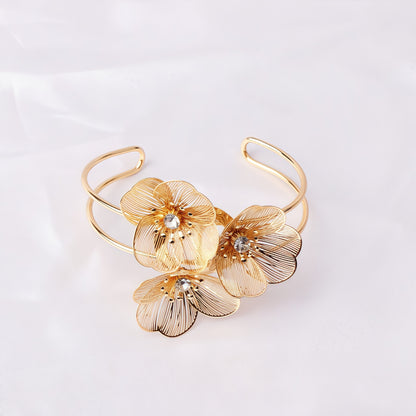 Textured Gold Floral Cuff | Statement Crystal Bracelet